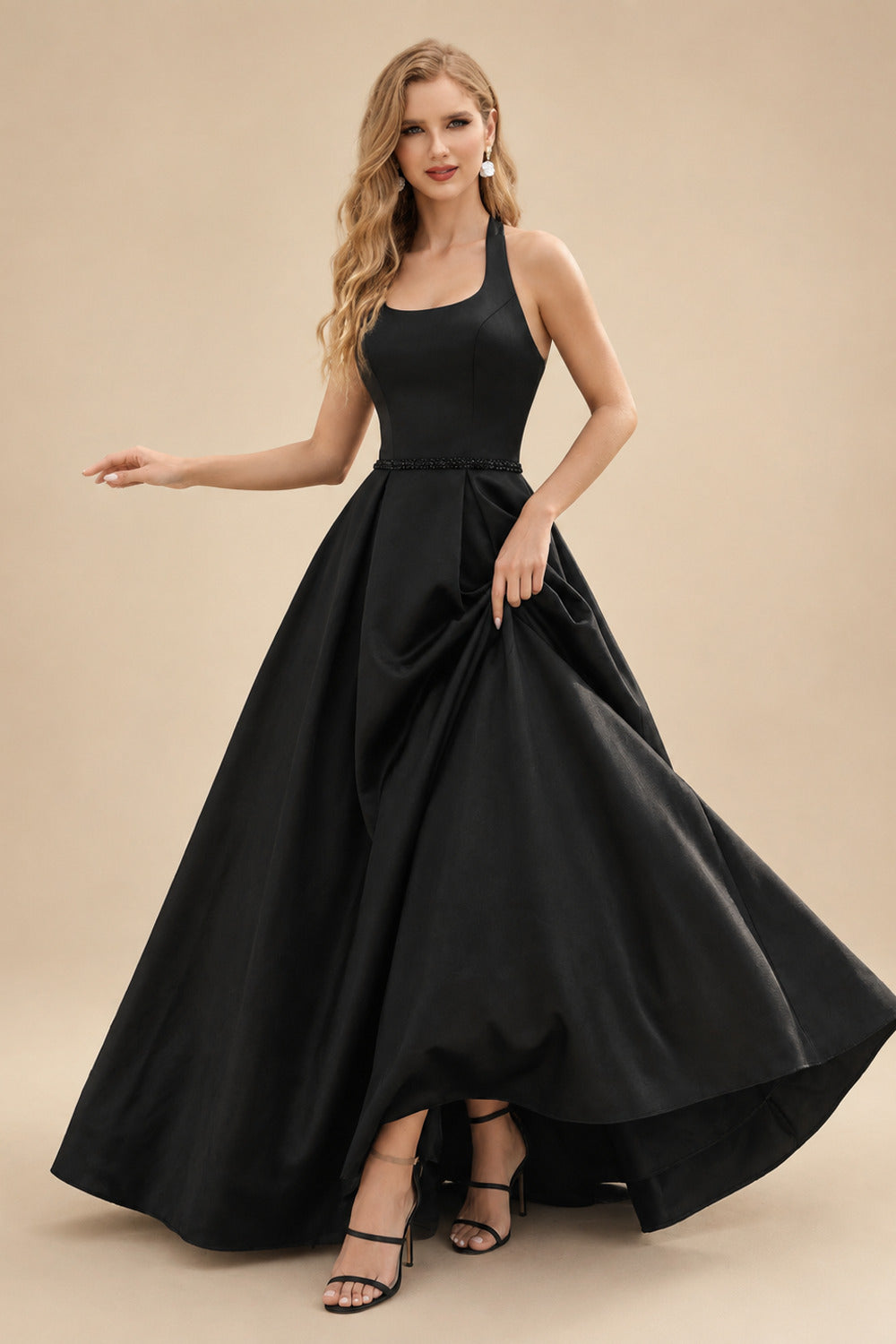 Rutipo Black Black Ball-Gown Scoop Neck Floor-Length Satin Wedding Dresses With Sash