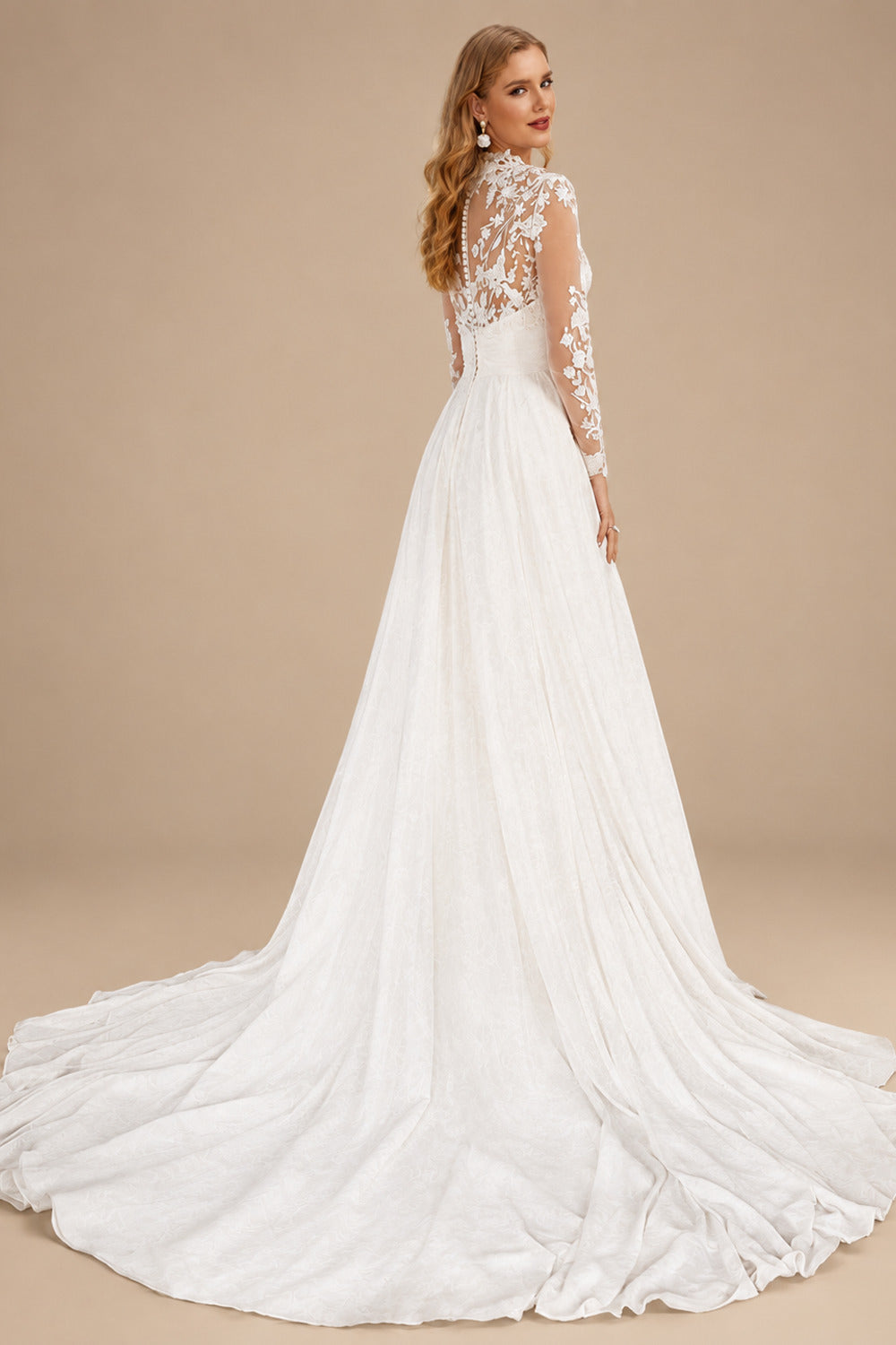 Rutipo Ivory Luxury A-Line High Neck Long Sleeves Elegant Chiffon/Lace Wedding Dresses