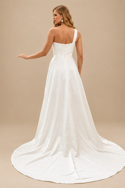 Rutipo Ivory A-Line One-Shoulder Sleeveless Court Train Satin Wedding Dresses With Split Front