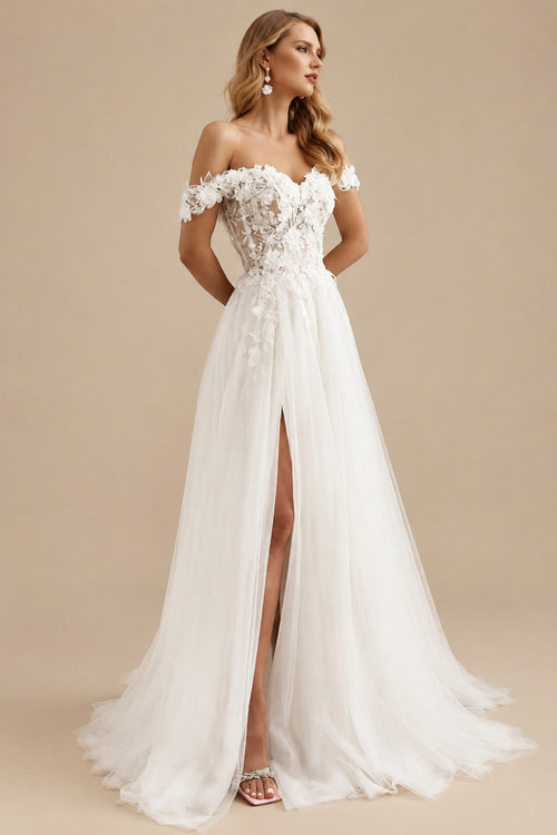 Rutipo Ivory A-Line Off-The-Shoulder Vintage Lace/Tulle Wedding Dresses With Split Front
