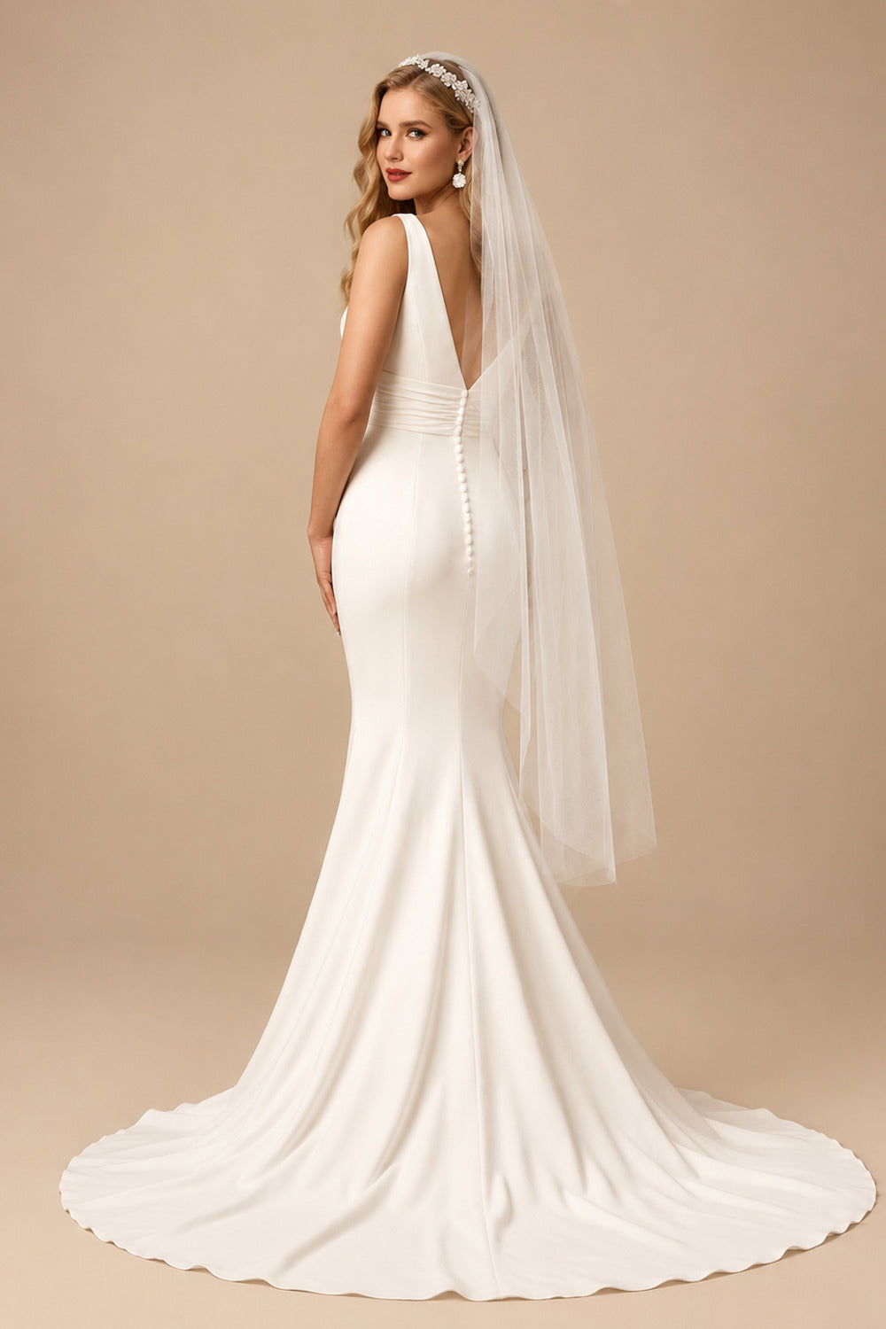 Rutipo Ivory Mermaid V-Neck Sleeveless Sweep Train Elastic Satin Wedding Dresses