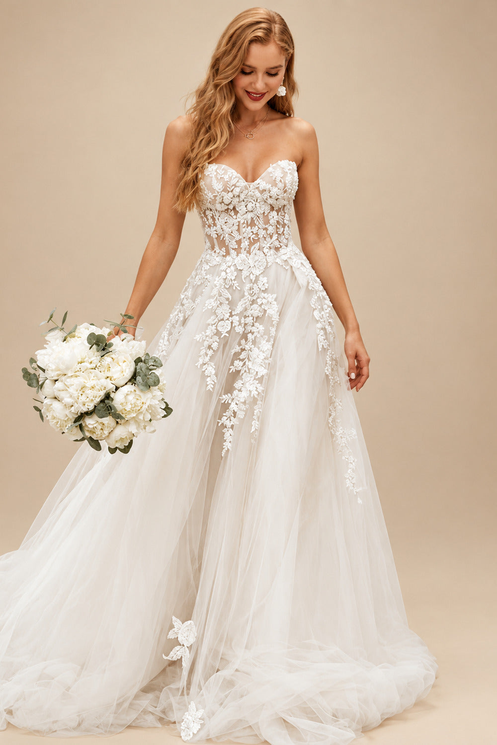Rutipo Ivory A-Line Boho Sweetheart Vintage Tulle Wedding Dresses With Appliques Lace