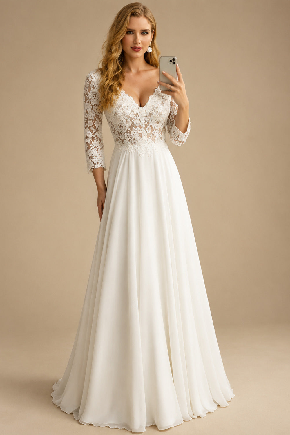 Rutipo Ivory A-Line V-neck 3/4 Sleeves Elegant Chiffon Wedding Dresses With Appliques Lace
