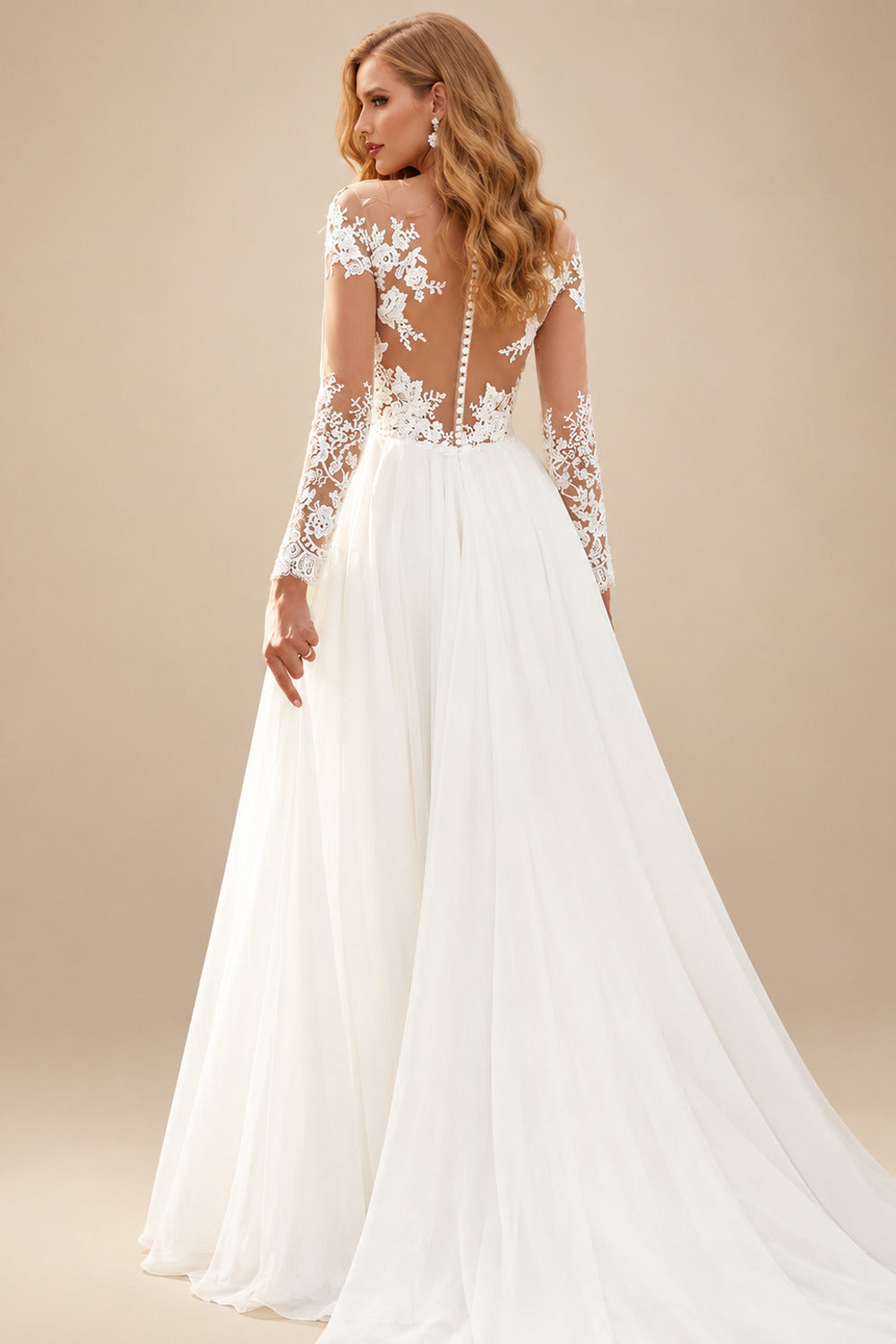 Rutipo Ivory A-Line V-Neck Long Sleeves Elegant Chiffon/Lace Wedding Dresses With Split Front