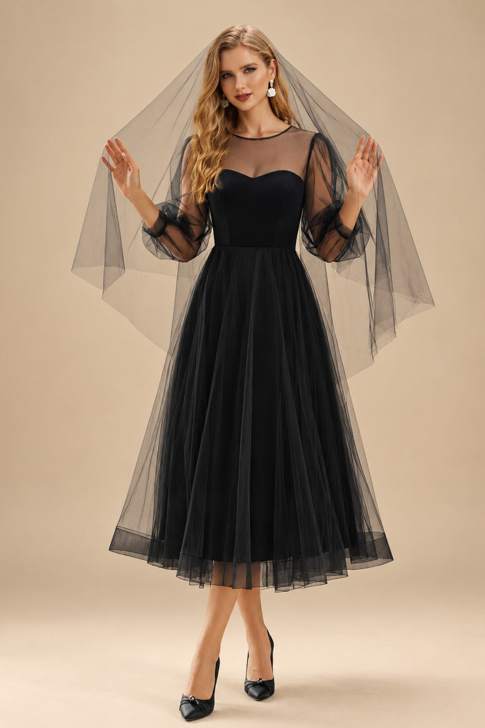 Rutipo Black A-Line Illusion Neck Long Sleeves Tea-Length Black Tulle Wedding Dresses