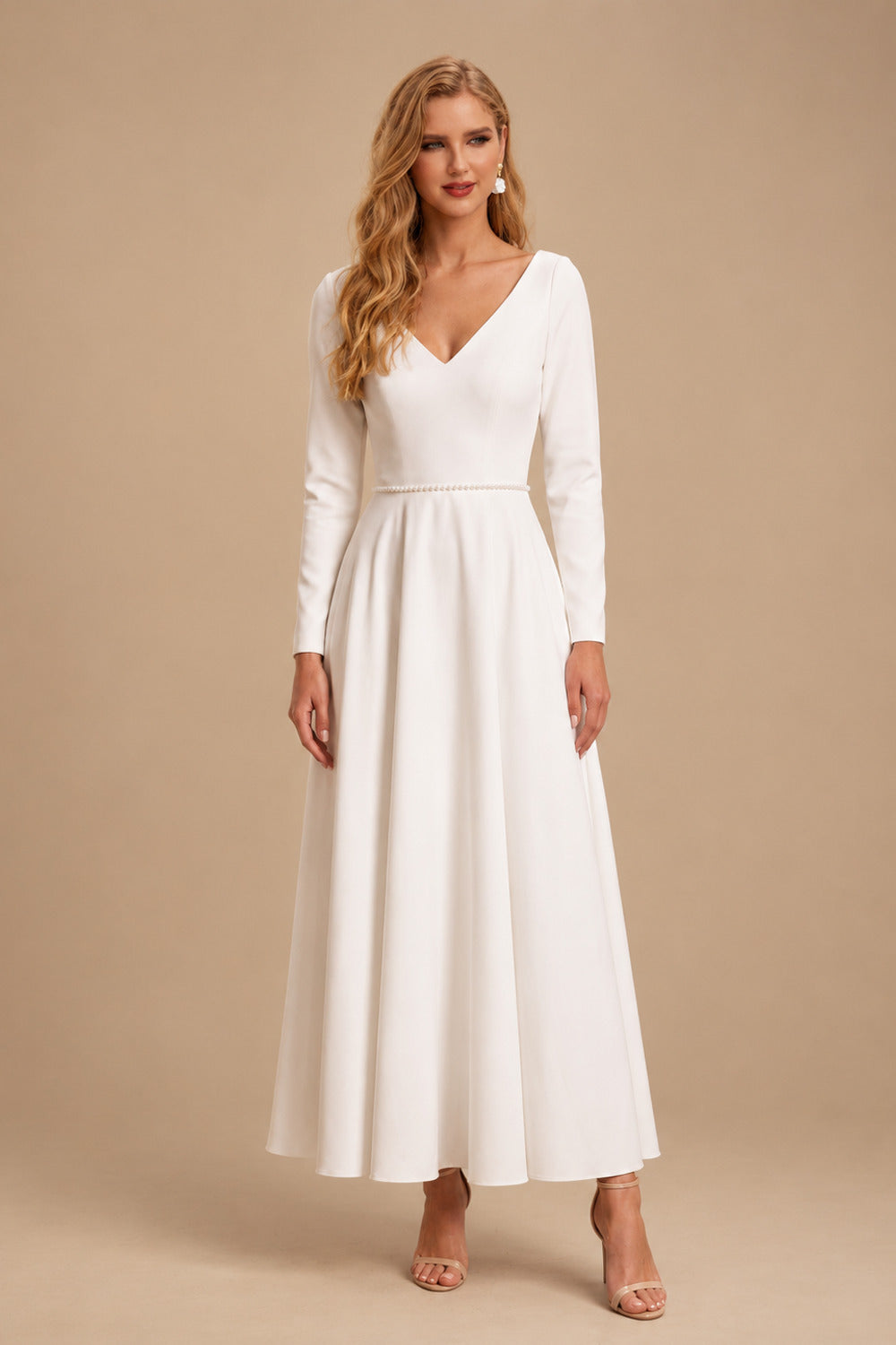Rutipo White A-Line V-Neck Little White Satin Wedding Dresses With Beading Long Sleeves