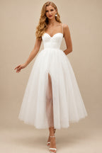 Rutipo Ivory A-Line Sweetheart Little White Tulle Wedding Dresses With Split Front
