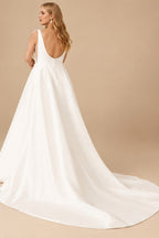 Rutipo Ivory A-Line Square Neckline Sleeveless Sweep Train Satin Wedding Dresses