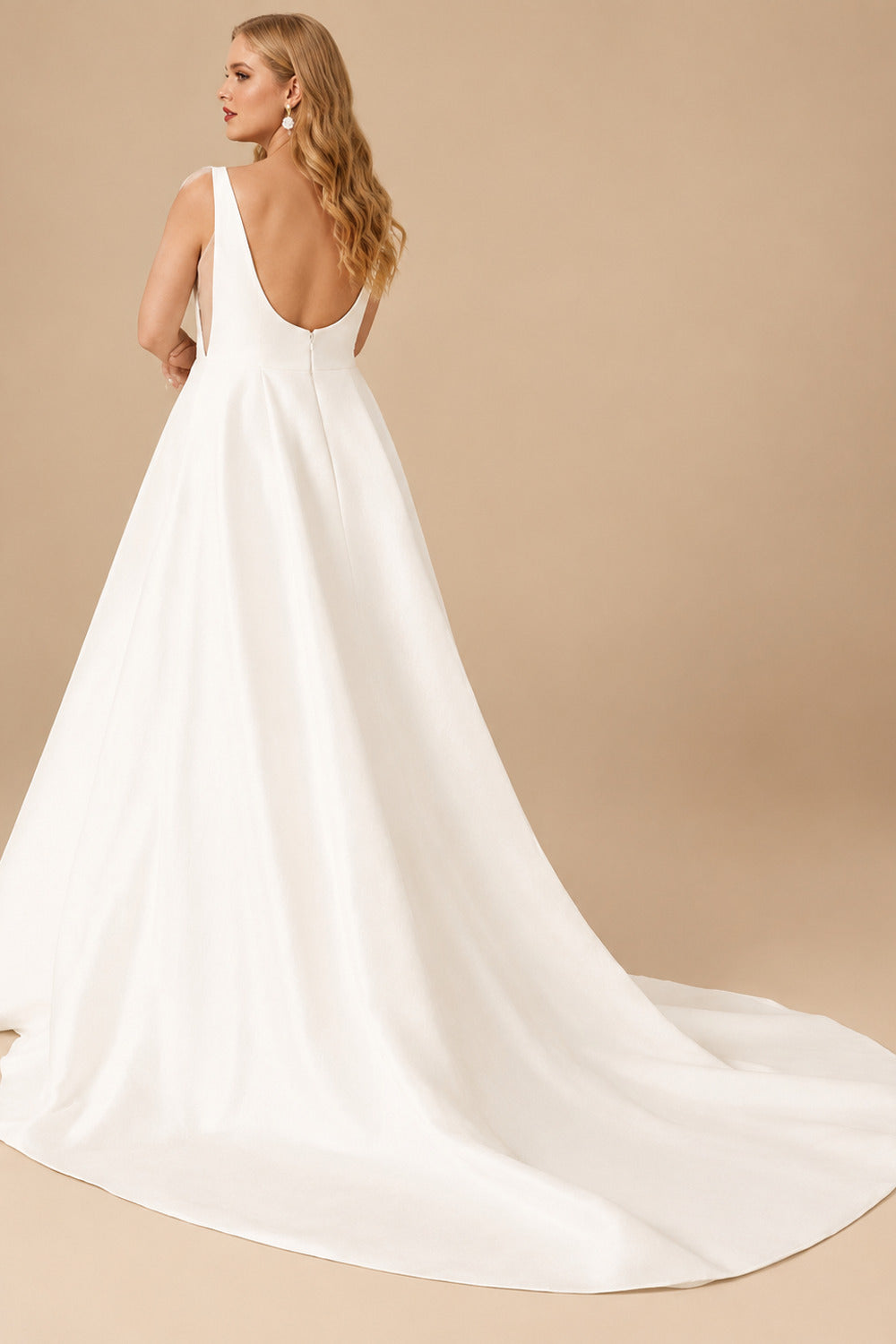 Rutipo Ivory A-Line Square Neckline Sleeveless Sweep Train Satin Wedding Dresses