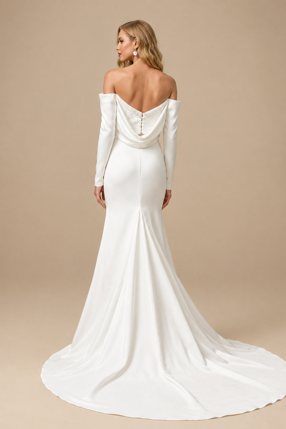 Rutipo Ivory Sheath/Column Off-The-Shoulder Long Sleeves Satin Wedding Dresses With Beading