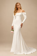 Rutipo Ivory Sheath/Column Off-The-Shoulder Long Sleeves Satin Wedding Dresses With Beading