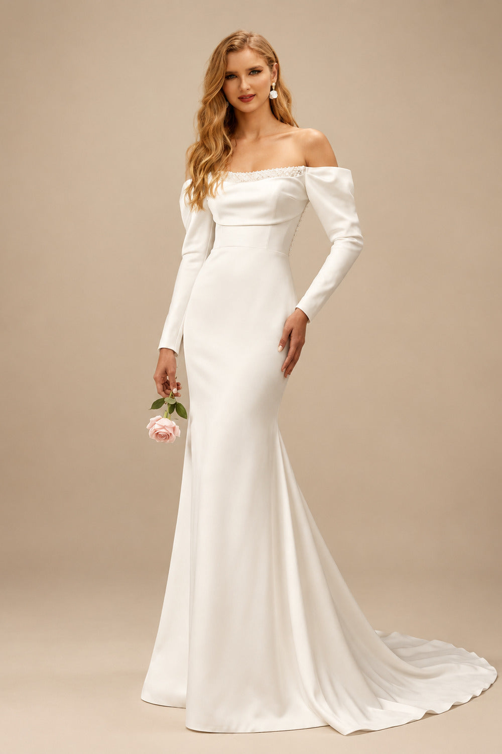 Rutipo Ivory Sheath/Column Off-The-Shoulder Long Sleeves Satin Wedding Dresses With Beading