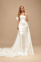 Rutipo Ivory Sheath One-Shoulder Sleeveless Sweep Train Charmeuse Wedding Dresses With Beading