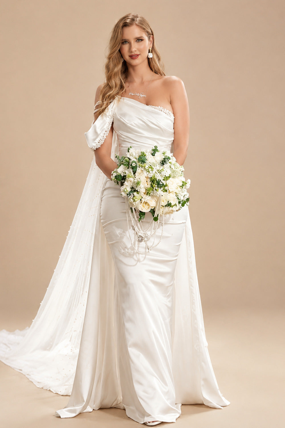 Rutipo Ivory Sheath One-Shoulder Sleeveless Sweep Train Charmeuse Wedding Dresses With Beading