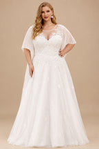 Rutipo Ivory Plus Size Elegant Lace A-Line Wedding Dresses With Illusion Neck Short Sleeves