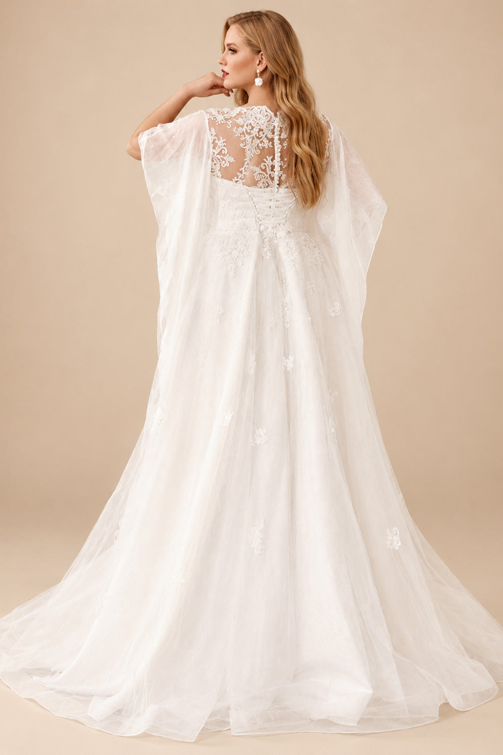 Rutipo Ivory Plus Size Elegant Lace A-Line Wedding Dresses With Illusion Neck Short Sleeves