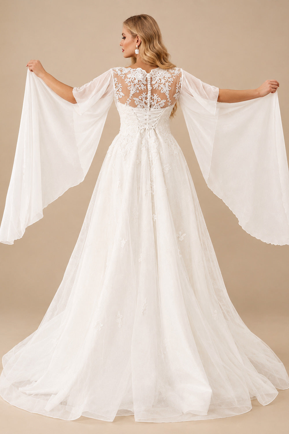 Rutipo Ivory Plus Size Elegant Lace A-Line Wedding Dresses With Illusion Neck Short Sleeves