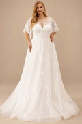 Rutipo Ivory Plus Size Elegant Lace A-Line Wedding Dresses With Illusion Neck Short Sleeves