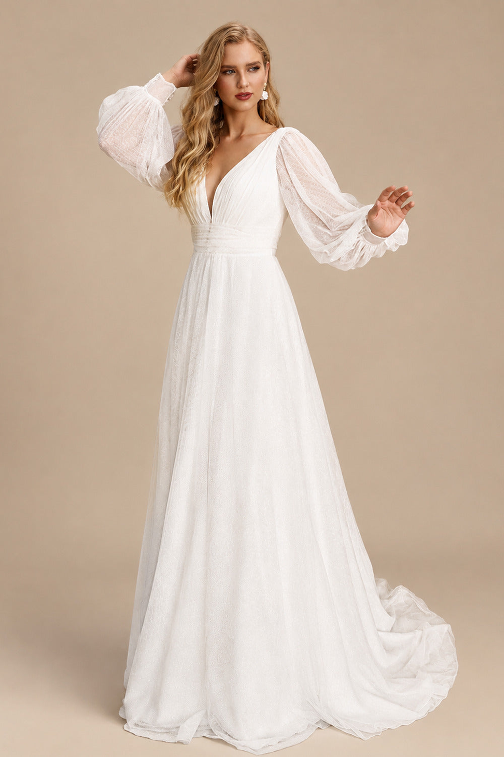 Rutipo Ivory Boho Curve A-Line Long Sleeves Tulle Wedding Dresses With V-Neck