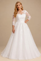 Rutipo Ivory Plus Size Ball-Gown Illusion Neck Tulle Wedding Dresses With Appliques Lace Sleeves