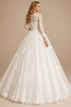 Rutipo Ivory Plus Size Ball-Gown Illusion Neck Tulle Wedding Dresses With Appliques Lace Sleeves