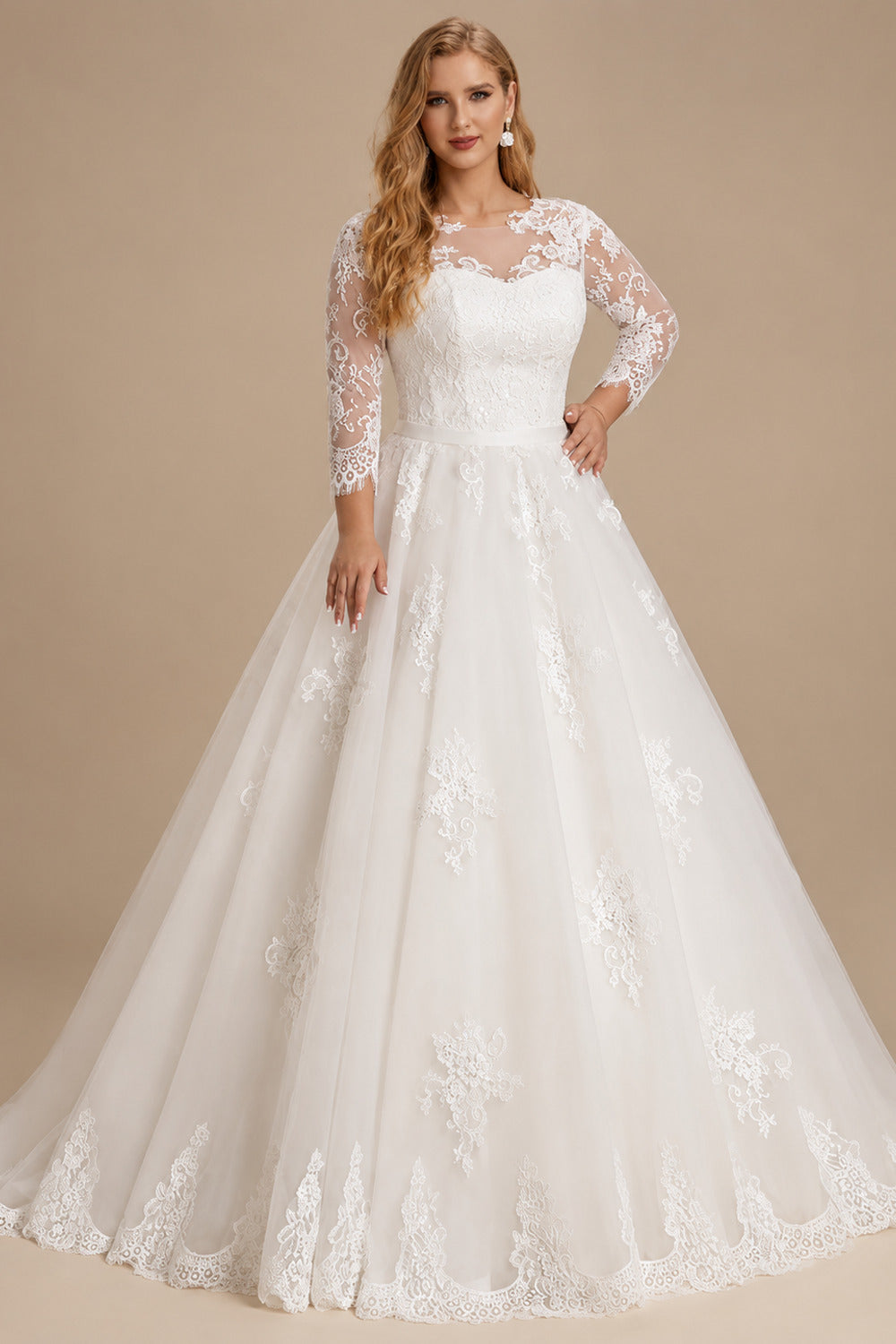 Rutipo Ivory Plus Size Ball-Gown Illusion Neck Tulle Wedding Dresses With Appliques Lace Sleeves