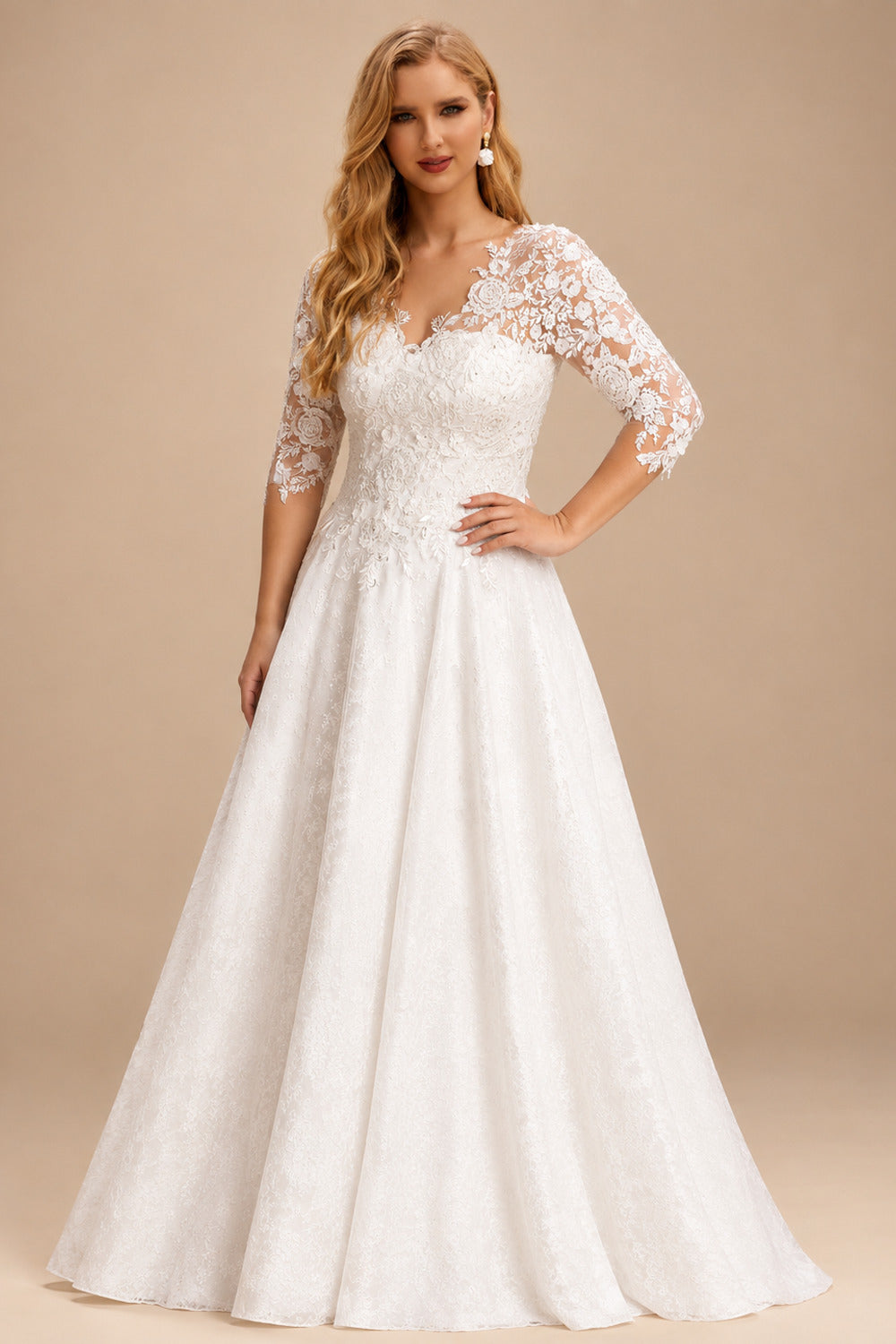 Rutipo Ivory Curve Elegant Ball Gown V-Neck Sleeves Wedding Dresses With Appliques Lace