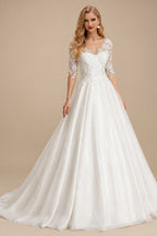 Rutipo Ivory Curve Elegant Ball Gown V-Neck Sleeves Wedding Dresses With Appliques Lace