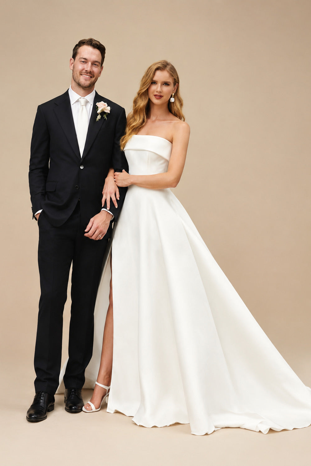 Rutipo Ivory A-Line Strapless Sleeveless Sweep Train Satin Wedding Dresses