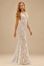 Rutipo As Picture Trumpet/Mermaid Illusion Neck Tulle Wedding Dresses With Appliques Lace
