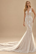 Rutipo As Picture Trumpet/Mermaid Illusion Neck Tulle Wedding Dresses With Appliques Lace