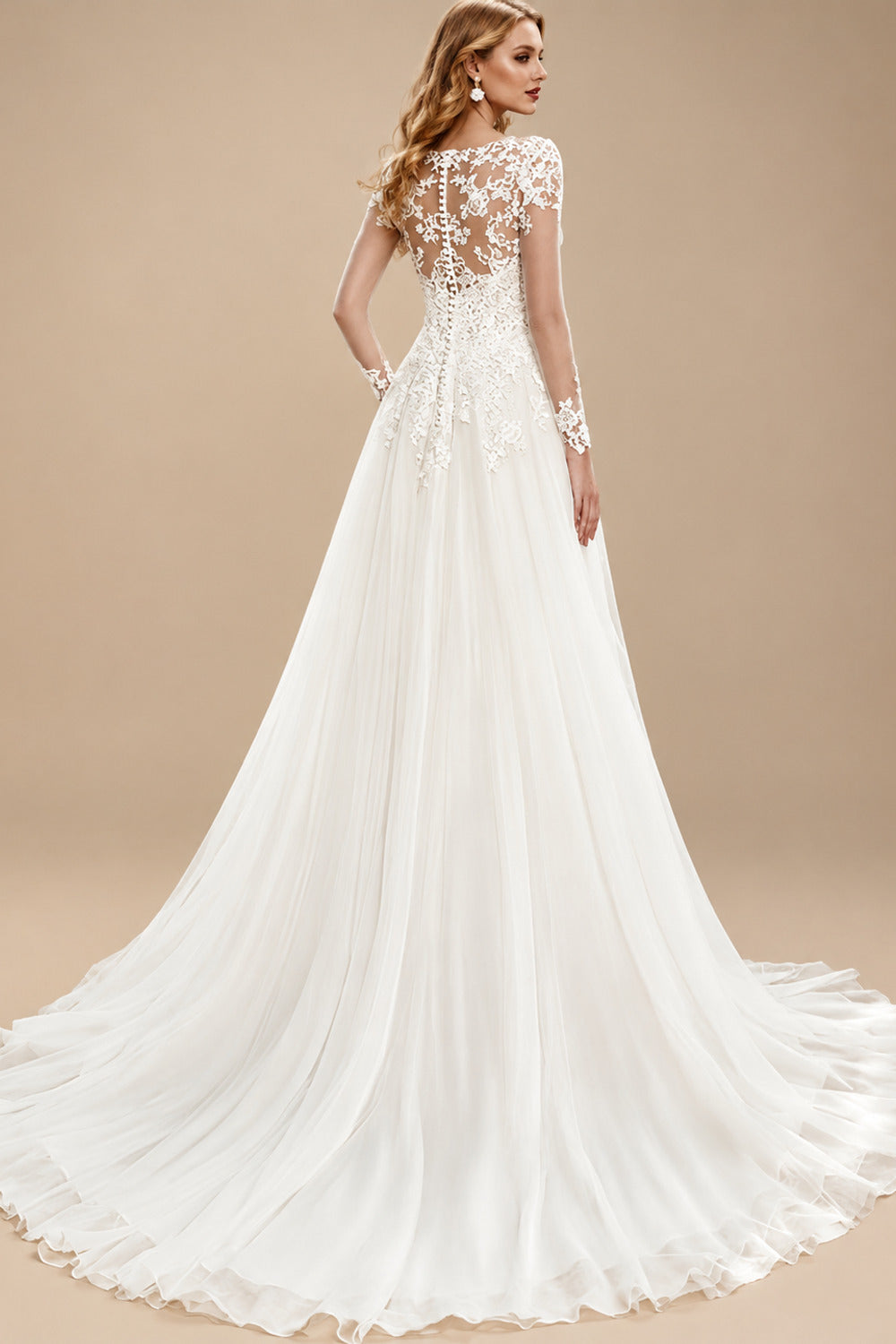 Rutipo Ivory Boho A-Line Illusion Neck Long Sleeves Lace/Tulle Wedding Dresses