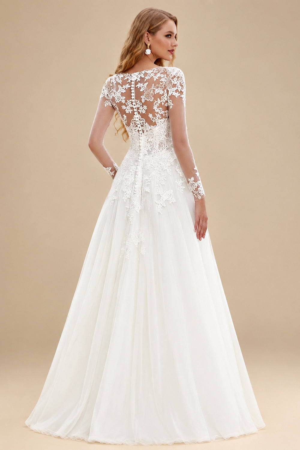 Rutipo Ivory Boho A-Line Illusion Neck Long Sleeves Lace/Tulle Wedding Dresses