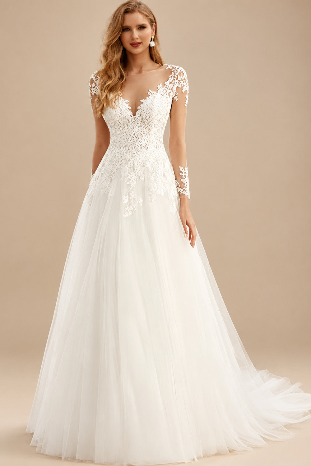 Rutipo Ivory Boho A-Line Illusion Neck Long Sleeves Lace/Tulle Wedding Dresses