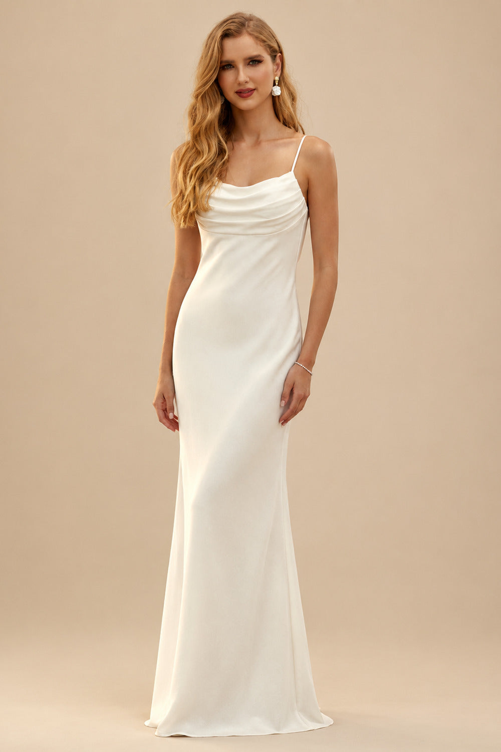 Rutipo Ivory Cowl Neck Backless Sheath/Column Chapel Train Wedding Dresses With Silk Like Satin