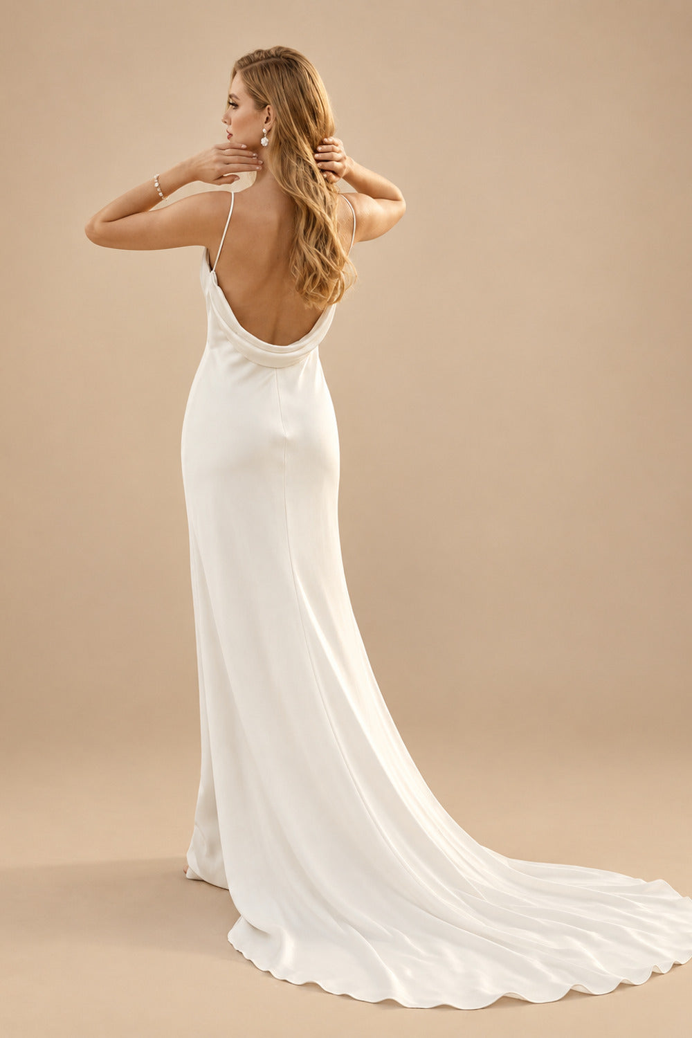 Rutipo Ivory Cowl Neck Backless Sheath/Column Chapel Train Wedding Dresses With Silk Like Satin