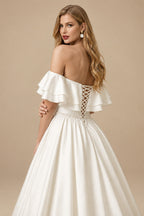 Rutipo Ivory Off-The-Shoulder Satin Ball-Gown Wedding Dresses With Sweep Train
