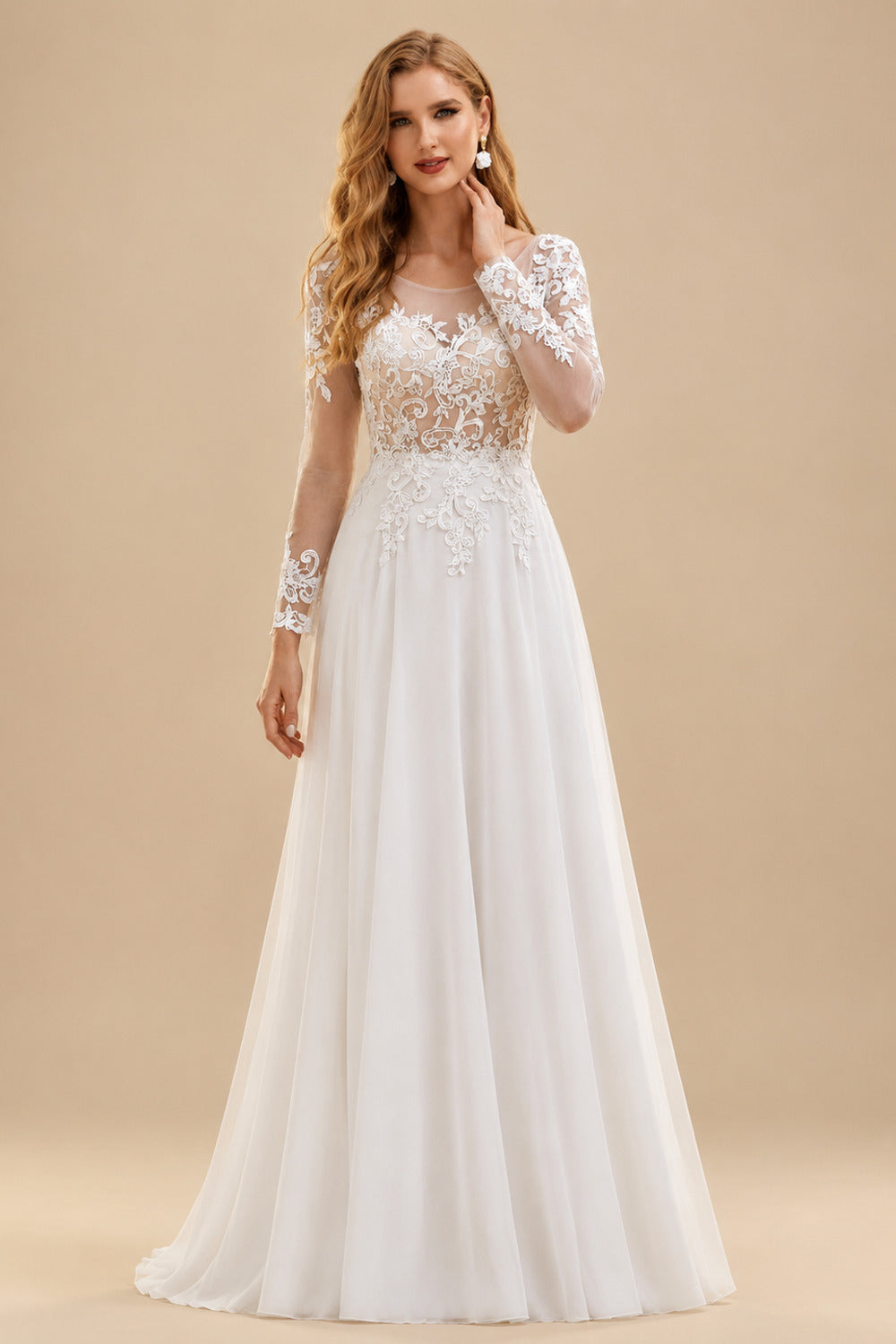 Rutipo As Picture A-Line Illusion Neck Long Sleeves Sweep Train Wedding Dresses With Lace