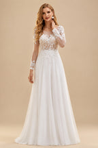 Rutipo As Picture A-Line Illusion Neck Long Sleeves Sweep Train Wedding Dresses With Lace