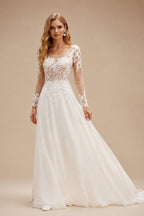 Rutipo As Picture A-Line Illusion Neck Long Sleeves Sweep Train Wedding Dresses With Lace