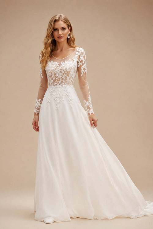 Rutipo As Picture A-Line Illusion Neck Long Sleeves Sweep Train Wedding Dresses With Lace
