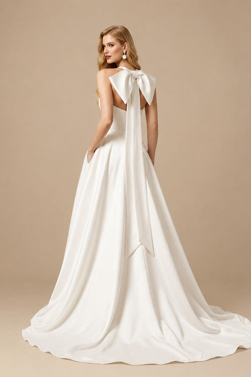 Rutipo Ivory A-Line Halter Sleeveless Court Train Satin Wedding Dresses With Bow(s)