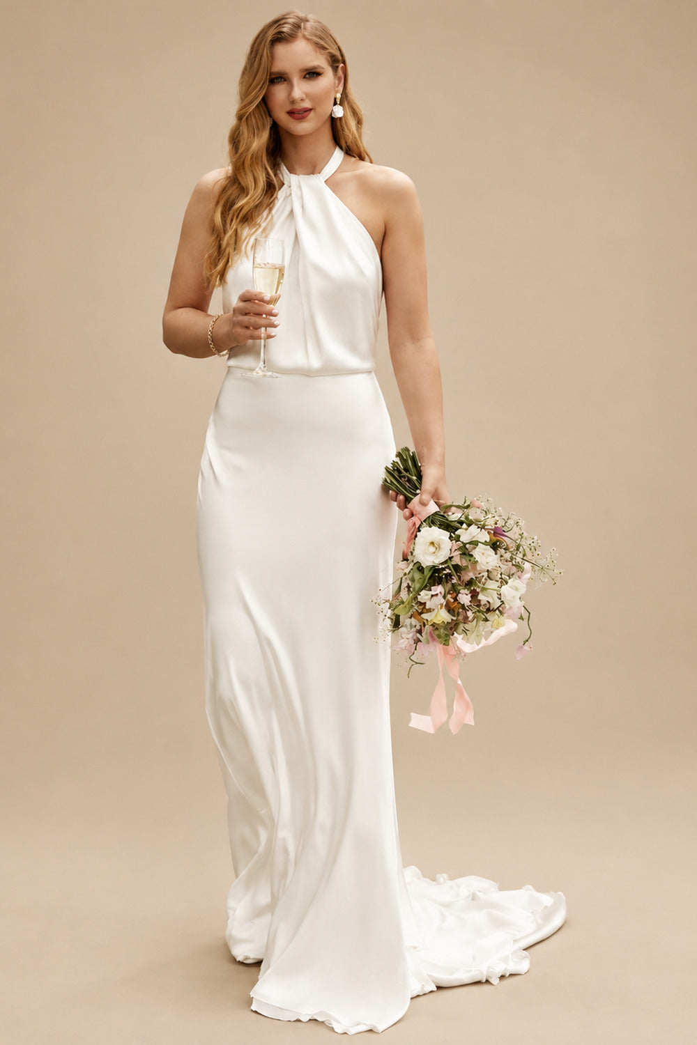 Rutipo Ivory Open Back Halter Sleeveless Sweep Train Silk Like Satin Wedding Dresses