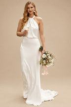 Rutipo Ivory Open Back Halter Sleeveless Sweep Train Silk Like Satin Wedding Dresses