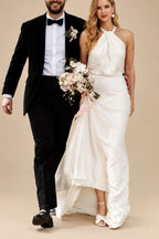 Rutipo Ivory Open Back Halter Sleeveless Sweep Train Silk Like Satin Wedding Dresses