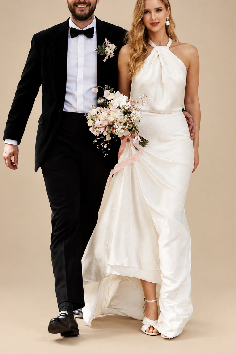 Rutipo Ivory Open Back Halter Sleeveless Sweep Train Silk Like Satin Wedding Dresses