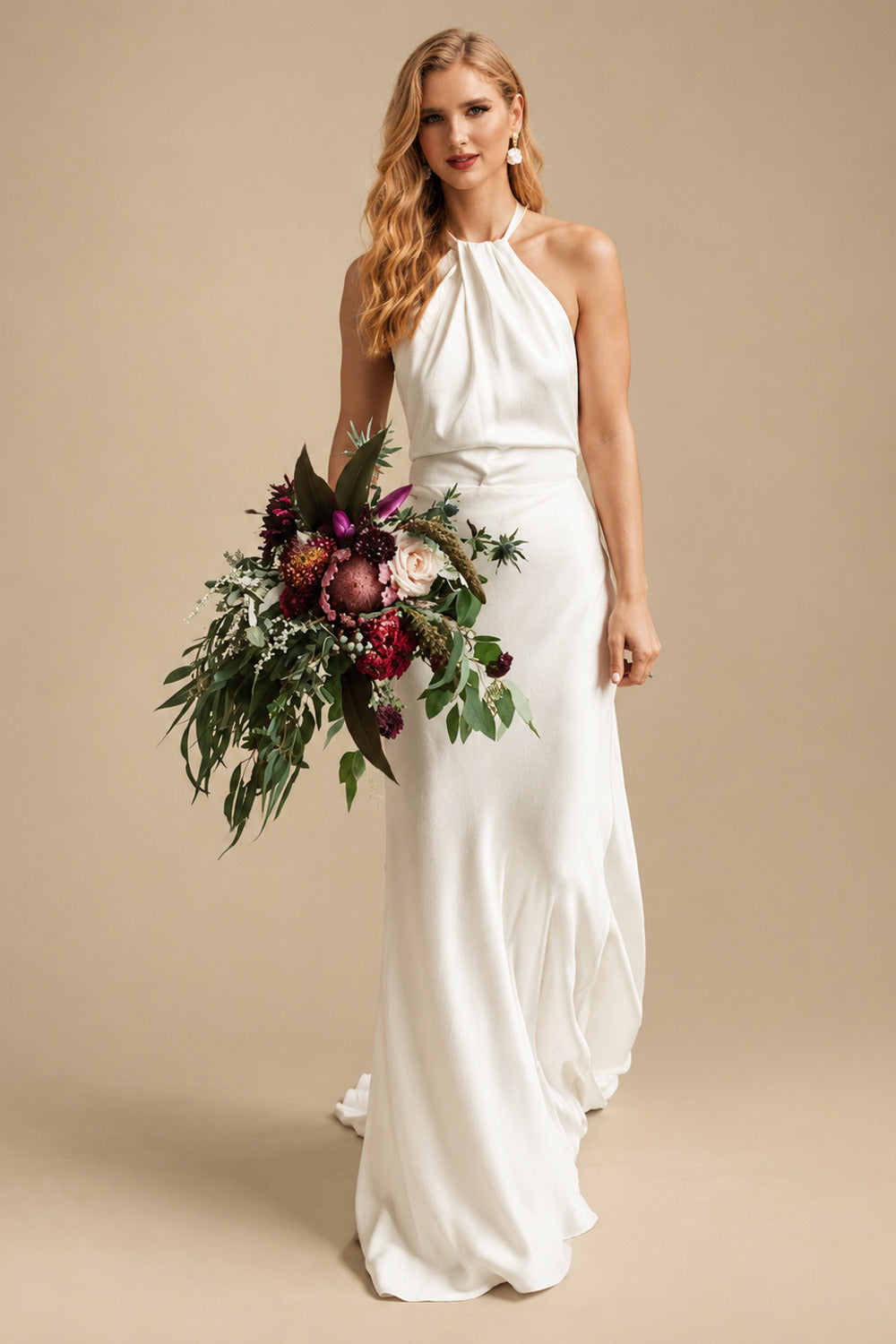 Rutipo Ivory Open Back Halter Sleeveless Sweep Train Silk Like Satin Wedding Dresses