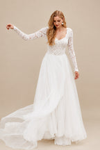 Rutipo Ivory Boho Lace A-Line Open Back Long Sleeves Wedding Dresses With Tulle