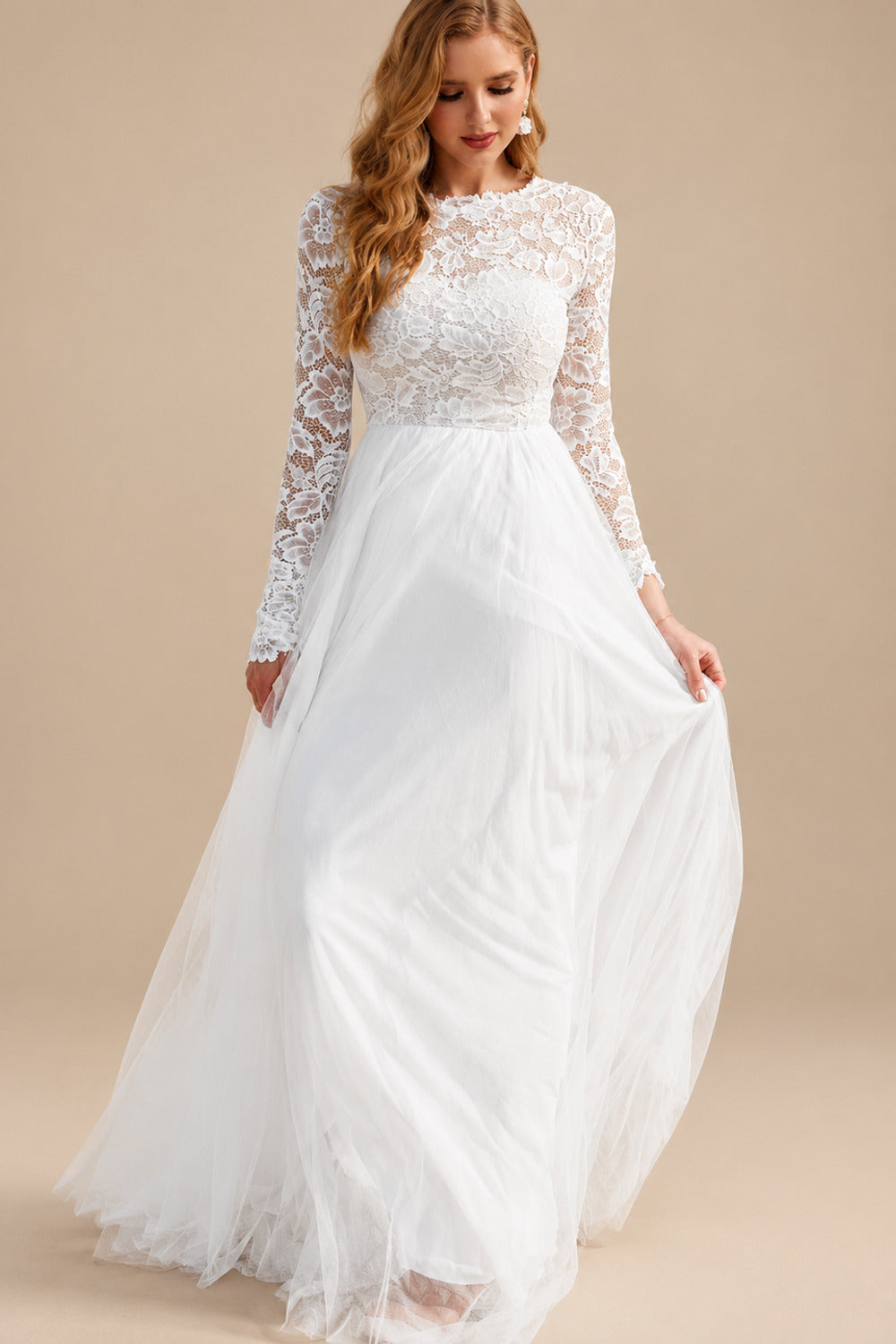 Rutipo As Picture Boho Beach Lace Tulle A-Line Wedding Dresses With Long Sleeves