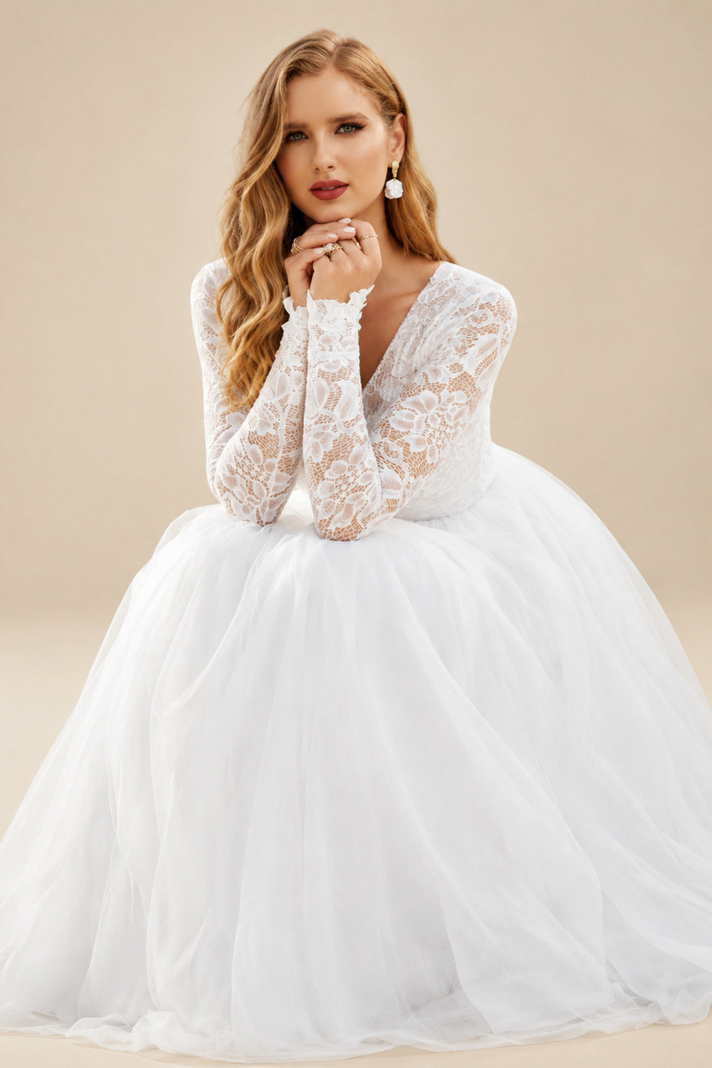 Rutipo As Picture Boho Beach Lace Tulle A-Line Wedding Dresses With Long Sleeves